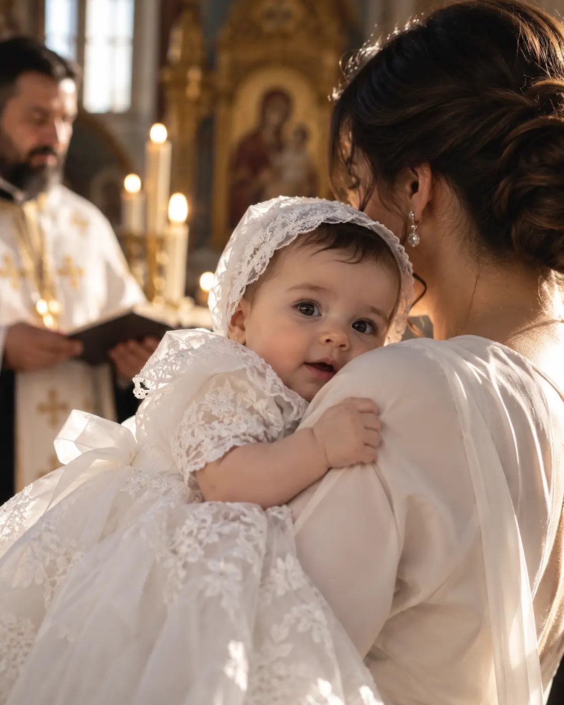 Fotografie de botez în Dublin — copil în brațele mamei în timpul ceremoniei religioase
