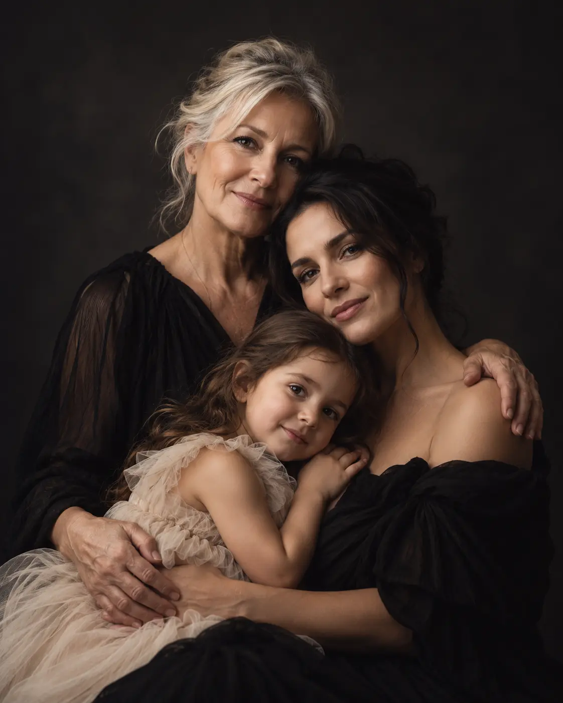 Portret de familie cu trei generații — bunică, mamă și fiică, în studio la Dublin